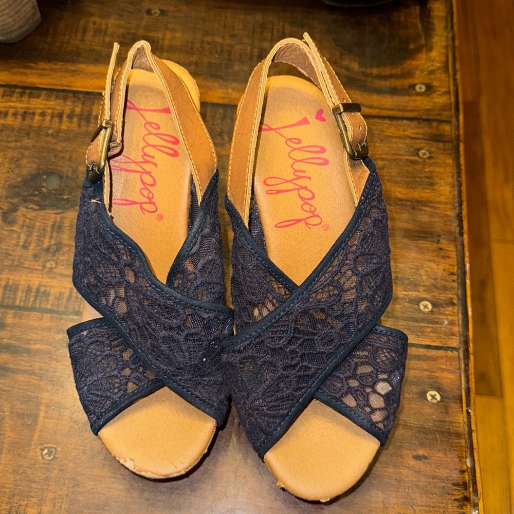 Jellypop Peaches Lace Platform Slingback Wedge Espadrille Sandal Navy Size 7.5